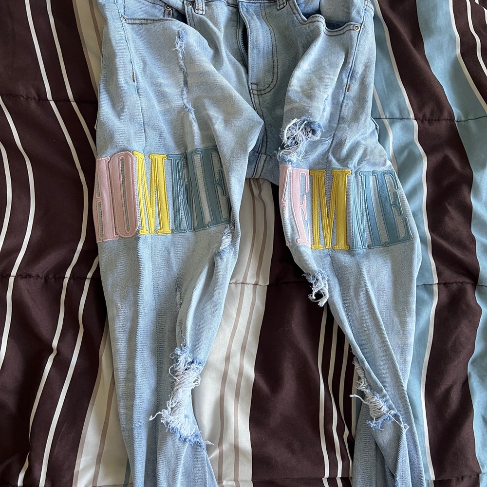 Homme Light Blue Distressed Skinny Jeans